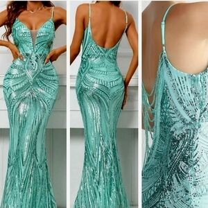Mint Green,  Geo Print, Sleeveless, Beaded Draped Back,  Sequined Mermai…